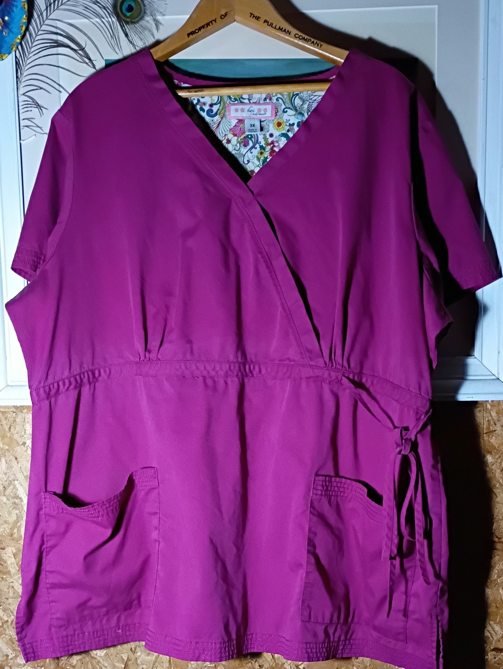 Magenta Purple Wrap-Style Scrub Top with Side Tie Nice CNA Nurse Work Wear
